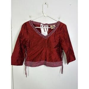 Womens Top Small Dupioni Silk Boxy Tie Side Indian Henna Studded V Neck Red